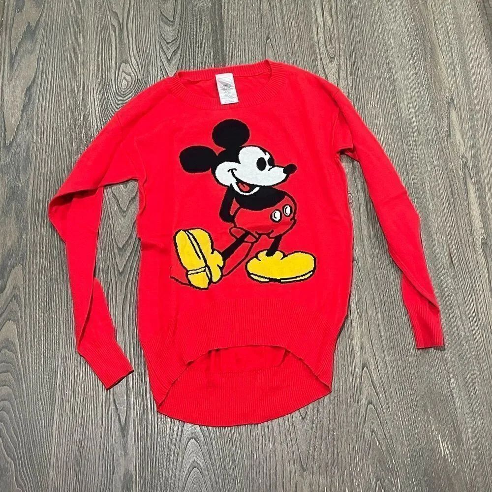 Disney Red Vintage Y2K Mickey Mouse Crew Neck High Low Pullover Sweater XS
